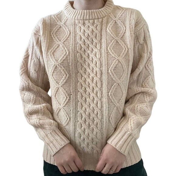 Vintage 1960s Womens Thane Cream Wool Fisherman Cable Knit Chunky Sweater Sz L - Picture 5 of 9
